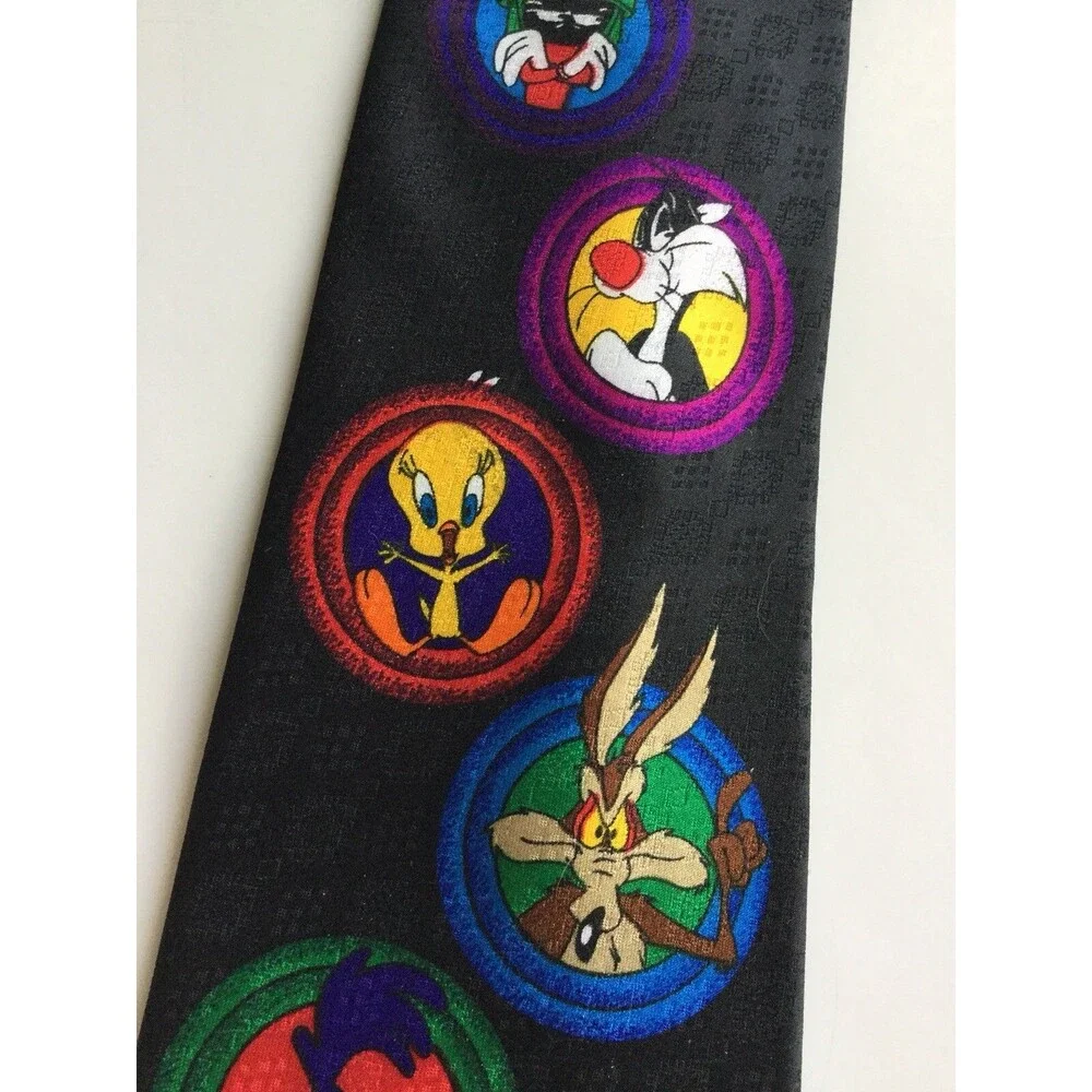 Looney Tunes Bugs Bunny Mens Tie Black Multi Color Circles Sylvester Tweety